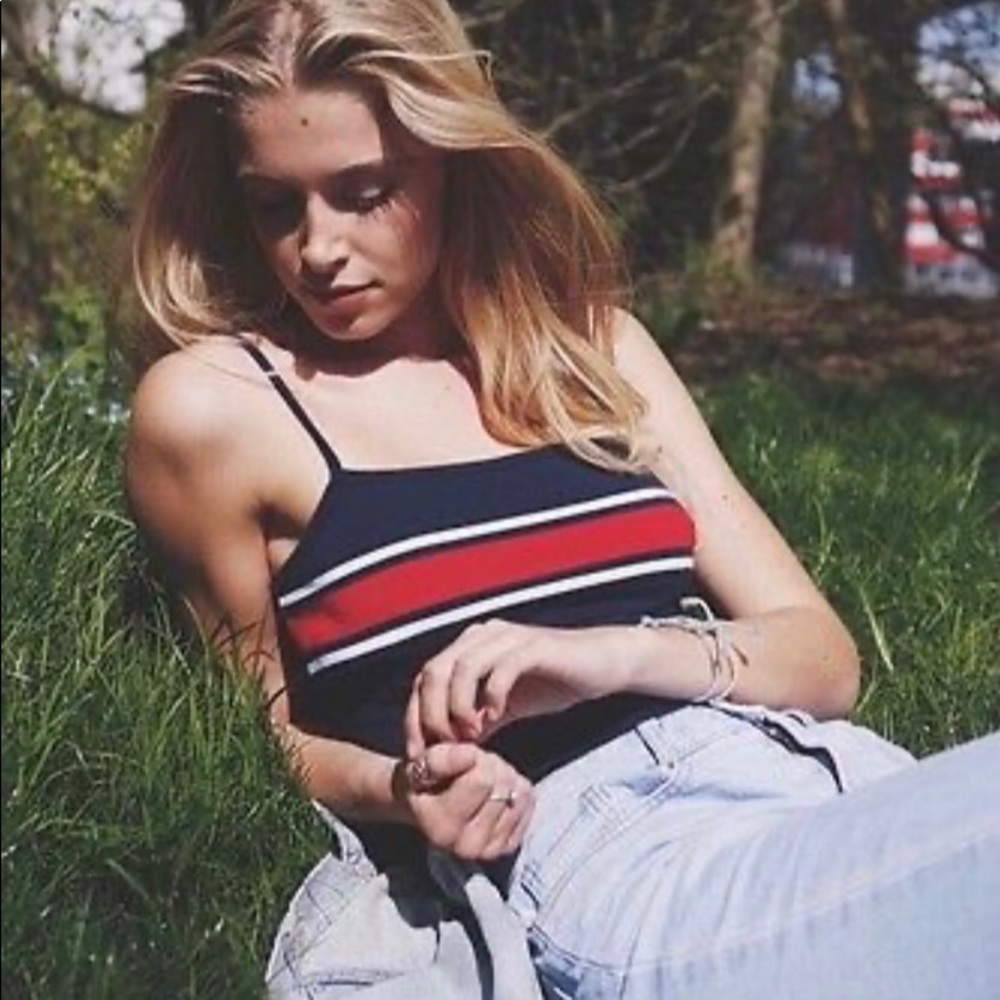 Brandy Melville Stretchy Red White And Blue Striped Cropped Top OS